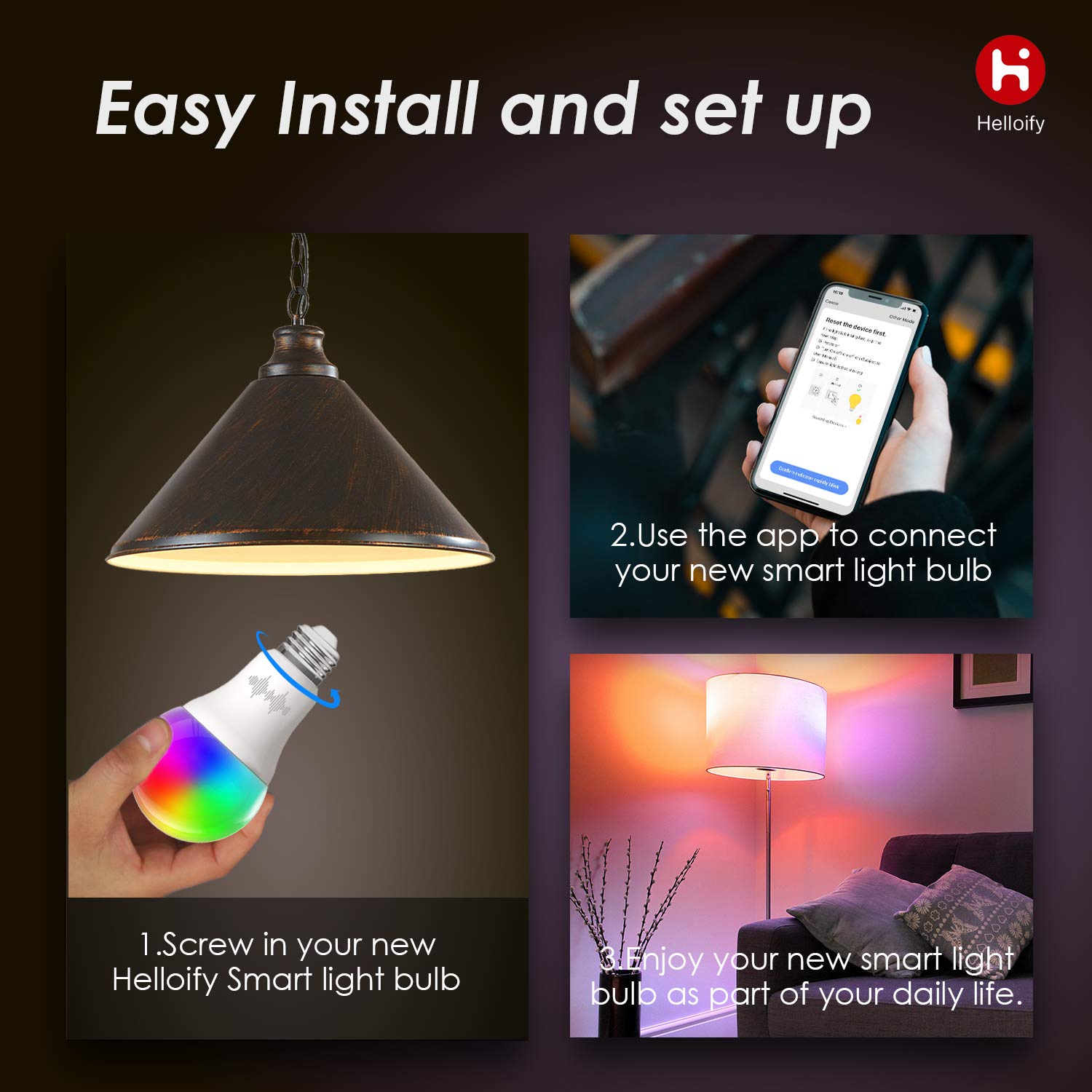 helloify B11 LED Smart, WiFiLight Candelabra Bulb Compatible with Alexa Google Home, RGBCW Color Changing, Cool Warm White Dimmable, No Hub Required, 40WEquivalent, RGB2700K-6500K, 2 Count (Pack of 1)
