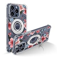 GVIEWIN Bundle - Compatible with iPhone 15 Pro Case Floral (Catharanthus/Pink) + Magnetic Phone Ring Holder (Silver)