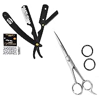 Barber Straight Edge Razor with 100 Derby Blades with a 6.5 Inch Hair Cutting Scissor – Premium Stainless Steel Kit - Safety and Precision for Ingrown Facial Hair (Black and Silver)