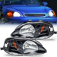 Nilight Headlight Assembly Compatible with 1999 2000 Honda Civic Headlamps Replacement Black Housing Amber Reflector Upgraded Clear Lens Driver and Passenger Side, 2 Years Warranty