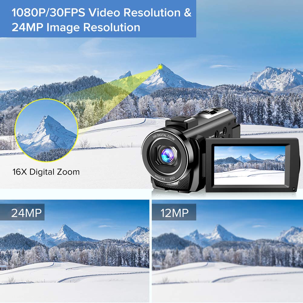 Video Camera, 1080P FHD Camcorder 30FPS 24MP Vlogging Camera for YouTube with 16X Digital Zoom, 3 Inch 270 Degrees Rotation LCD Screen Camera Recorder with Microphone, Remote Control and 2 Batteries