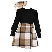 5t Dress Winter Girls Long Sleeve Ribbed Solid Tops Blouse Plaid Skirt with Hat Outfit Set 3PCS Tween Dresses with Sleeves