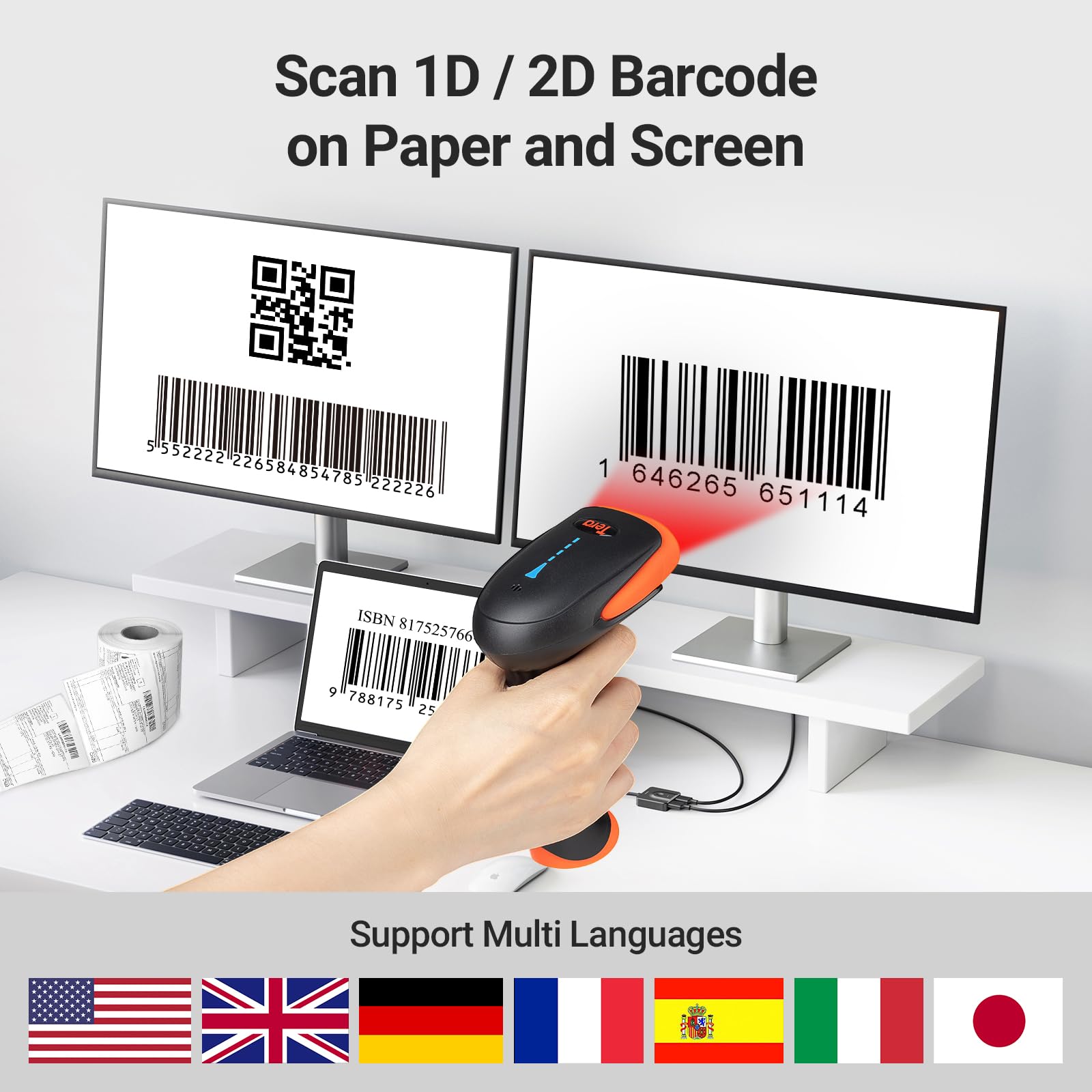 Tera Pro 2023 Newest ??????? ????? ????????? Wireless 1D 2D QR Barcode Scanner, 3 in 1 Works with Bluetooth & 2.4G Wireless & USB Wired, Barcode Reader with Vibration Alert HW0002