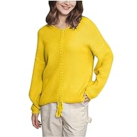 Women Causal Pullover Sweater Drawstring Lace-Up Chunky Knit Top Fall Long Sleeve Loose Trendy Jumpers for Going Out