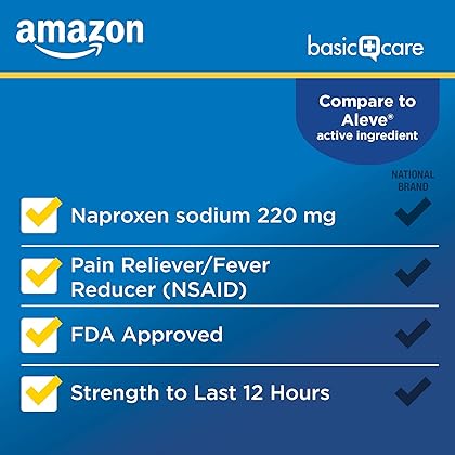 Amazon Basic Care Naproxen Sodium Tablets 220 mg, Pain Reliever/Fever Reducer (NSAID), Muscular Aches, Backache, Headache, Toothache, Minor Arthritis Pain Relief and More, 300 Count