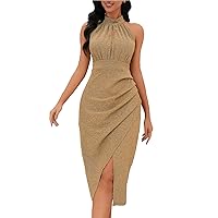 Summer Dresses for Women 2024 Casual Solid Color Stand Collar Slim Fit Sexy Slit Irregular Hem Wedding Guest Dress