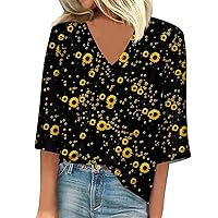 Ladies Tops and Blouses,Women's Summer Casual V Neck 3/4 Sleeve Shirt Loose Floral Print Graphic Funny Tops