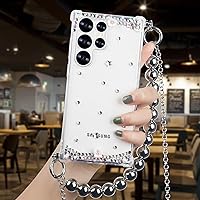 Designed for Samsung Galaxy S24 Ultra Clear Case with Strap Cute Crossbody Chain Bracelet 3D Sparkle Crystal Diamond Bling Glitter Acrylic Phone Case for Galaxy S24 Ultra Women Girls Clear
