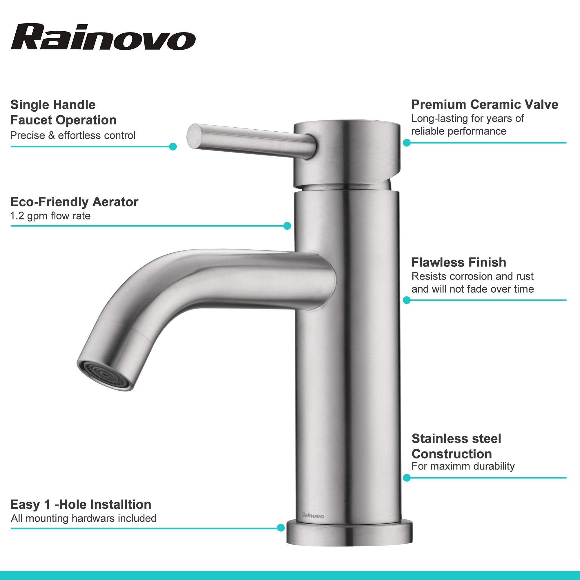 Rainovo Bathroom Faucet Brushed Nickel,Single Hole Bathroom Sink Faucet Stainless Steel,Modern Single Handle Vanity Faucet Supply Utility Hose for Laundry Washbasin,Rv Vessel Basin Lavatory Mixer Tap