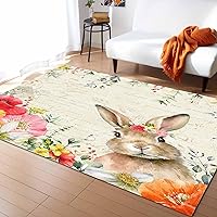 Rectangular Area Rug for Living Room, Bedroom, Vintage Easter Bunny Non-Slip Residential Carpet, Kitchen Rugs, Spring Floral Botanical Watercolor Floor Mat with Rubber Backing 5' x 7'