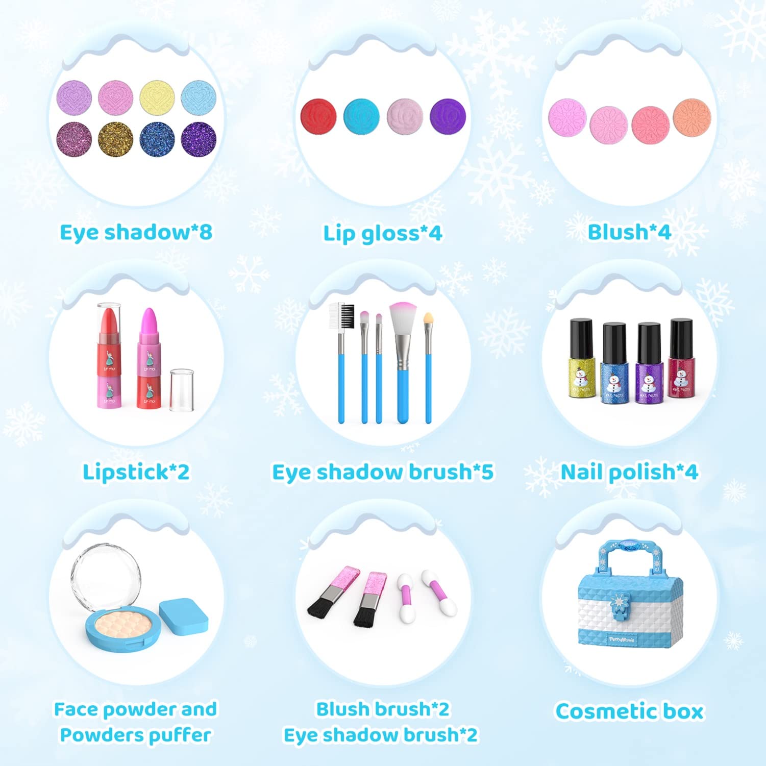 PERRYHOME Kids Makeup Kit for Girl 35 Pcs Washable Real Cosmetic, Safe & Non-Toxic Little Girl Makeup Set, Frozen Makeup Set for 3-12 Year Old Kids Toddler Girl Toys Birthday Gift (Soft Blue)