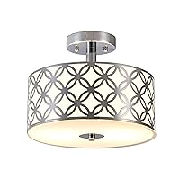Semi Flush Mount Ceiling LED Light Fixture Hanging with Drum Shade for Dining & Living Room Kitchen Office Shop Entryway & Hallway Modern Chandelier Lamp Brushed Chrome Finish E26 Base