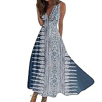 Boho Waist Retraction Printed Womens V Neck Trendy Sleeveless Fashion Maxi Dress Streetwear Outdoor Loose Long Dress