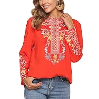 Grosy Boho Embroidered Long Sleeve Tunics Shirts for Women Mexican Peasant Blouses Ethnic Bohemian Floral Tunic Tops