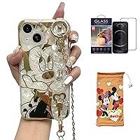 Cartoon Case for iPhone 15 6.1'' with HD Screen Protector, Minnie Mouse with Wrist Strap Kickstand Metal Chain Strap Soft TPU Shockproof Protective for Girls Women