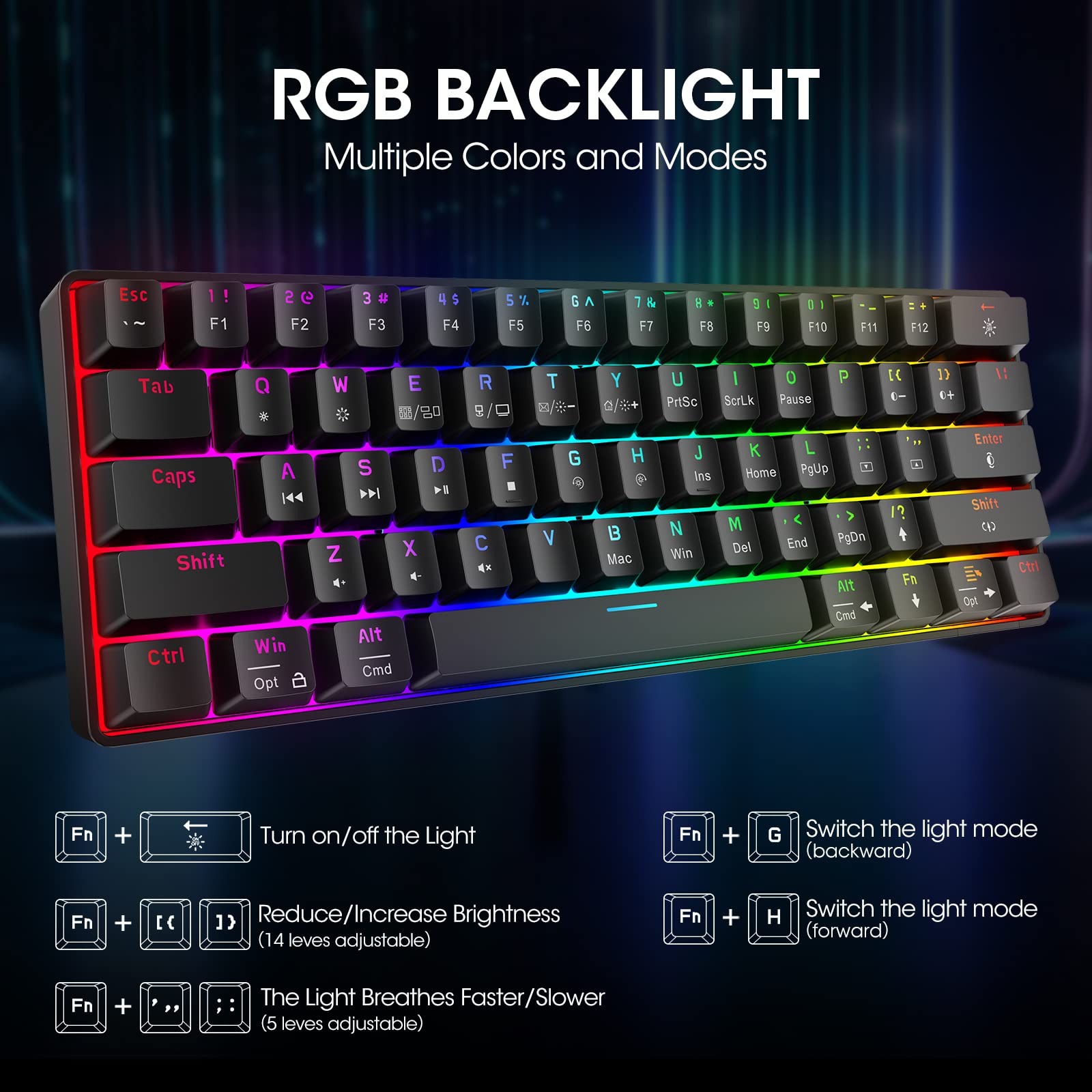 KOORUI 60% Gaming Keyboards, 61 Keys Wired Ultra-Compact Mechanical Keyboard 26 RGB Backlit with Red Switch Mini Keyboards for Windows MacOS Linux