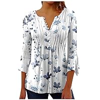 2024 Women's Tunic Tops Floral Print Tshirts Loose Fit Hide Belly Henley Shirts 3/4 Sleeve Empire Waist Blouse for Leggings