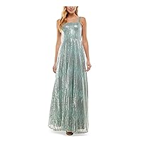 Womens Aqua Sequined Zippered Lined Sleeveless Square Neck Full-Length Formal Gown Dress Juniors 7