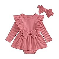 Newborn Baby Girl Clothes Ribbed Romper Dress Solid Ruffle Long Sleeve Bodysuit Headband Set Cute Fall Winter Outfit
