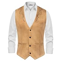 Men's Suede Leather Suit Vest Embroidery Casual Slim Fit Western Vest Waistcoat
