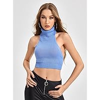 Women's Tops Shirts Sexy Tops for Women Turtleneck Backless Crop Knit Top Shirts for Women (Color : Blue, Size : Large)