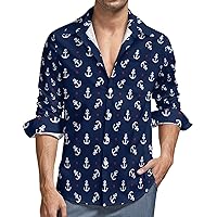 Mens Button Down Long Sleeve Shirts Navy Nautical Anchor Soft Peach Skin Velvet Beach Shirts with Pocket color14