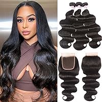 Indian Body Wave Hair 3 Bundles with 4x4 Lace Closure Free Part Hair Extensions 100% Unprocessed Human Virgin Hair Weaves Natural Color (16 18 20+14 closure)