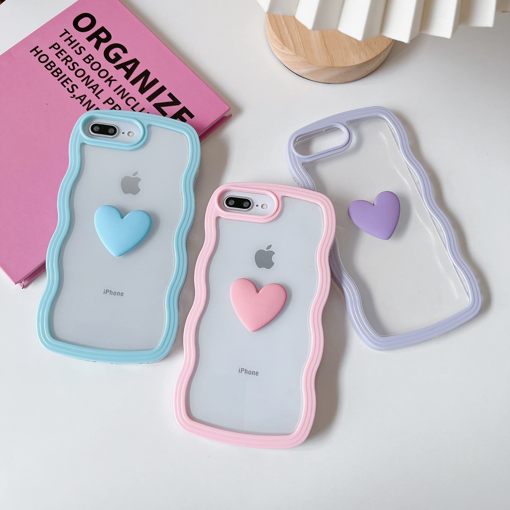 Qokey for iPhone 8 Plus Case,iPhone 7 Plus Case,Cute Clear 3D Love Heart Wavy Frame Full Protection for iPhone 7 Plus & 8 Plus 5.5