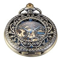 Black and Bronze Skeleton Mechanical Men's Pocket Watch Special Case Design, Mechanical Pocket Watches with Chain Box for Men