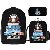 Owl Correcting Your Grammar Print Backpack 3Pcs Set Cute Back Pack with Lunch Bag Pencil Case Shoulder Bag Travel Daypack