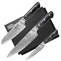 Knife Set, 3 PCS Professional Damascus Chef Knives, 67 Layer Japanese AUS10 Steel Core Forged Kitchen Knives, Well-Balanced Full Tang Handle Triple Rivet Handle - Black Gift Box