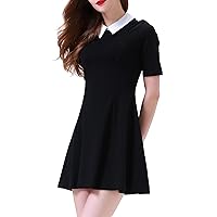 Women's Short Sleeve Peter Pan Collar Cute Skater Dress Fit and Flare A-Line Casual Dresses