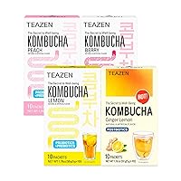 TEAZEN 4 Flavors 40 Sticks Variety Pack, Kombucha Lemon, Peach, Berry (30 Sticks) and Hot Kombucha Ginger Lemon Flavor (10 Sticks)