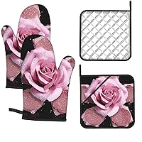 4 Pcs Oven Mitts and Pot Holders Set Kitchen Oven Gloves Heat Resistant Potholders Non-Slip Hot Pads Glitter Pink Rose Oven Mits for Cooking Baking Grilling