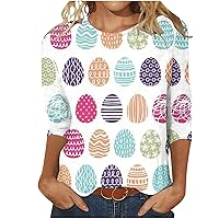 Easter Day 3/4 Sleeve Tops for Women Easter Eggs Graphic Tee Shirt Summer Casual Round Neck T-Shirt Going Out Blouse