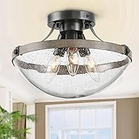 Farmhouse Semi Flush Mount Ceiling Lighting, Close to Ceiling Light Fixtures with Faux Wood & Seeded Glass for Hallway, Bedroom, Kitchen, Foyer and Dining Room