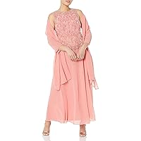 J Kara Women's Petite Long Beaded V Trim Detail Gown with Scarf