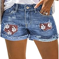 Boyfriend Jeans Shorts for Women Plaid Patch Ripped Denims Shorts Mid Rise Distressed Shorts Straight Leg Jean Shorts