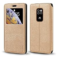 Motorola Defy 2021 Case, Wood Grain Leather Case with Card Holder and Window, Magnetic Flip Cover for Motorola Defy 2021 (6.5”) Gold