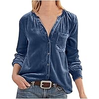 Women Casual V Neck T Shirt Velvet Long Sleeve Button Down Blouses Solid Color Slim Lapel Collar Tunic Tops Tees
