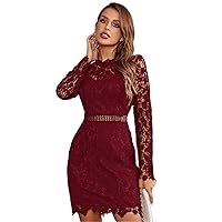 Dresses for Women Floral Lace Stand Neck Dress (Color : Burgundy, Size : Large)