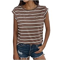 Women's Cap Sleeve T Shirts Loose Fit Striped Print Crew Neck Summer Tops Dressy Casual Comfy Lightweight Tunic Blouses