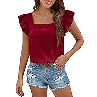 Women's Tops and Blouses Summer Casual Ruffle Sleeve Pullover T-Shirt Solid Short Top, S-2XL
