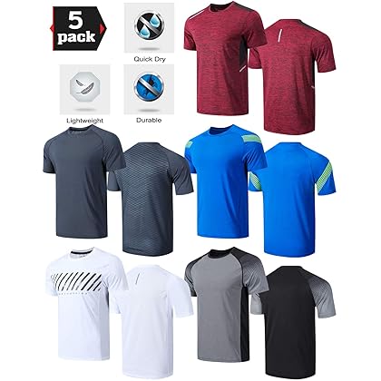 5 Pack Men’s Active Quick Dry Crew Neck T Shirts | Athletic Running Gym Workout Short Sleeve Tee Tops Bulk