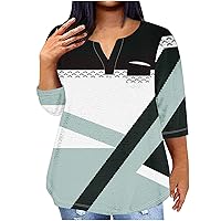 Plus Size Tunic Tops for Women Color Block 3/4 Sleeve Spring Shirts 2024 Summer Fashion Dressy Loose Blouse Tops