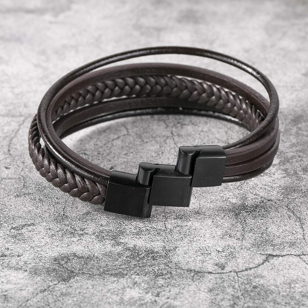 murtoo Mens Leather Bracelet with Clasp Cowhide Multi-Layer Braided Leather Mens Bracelet