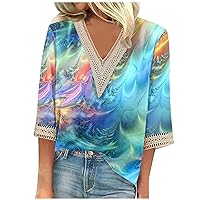 Dressy Casual T-Shirt for Women 3/4 Sleeve Shirts Lace V Neck Dressy Tops Trendy Summer Floral Blouses