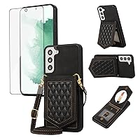 Asuwish Phone Case for Samsung Galaxy S21 5G 6.2 inch Wallet Cover with Tempered Glass Screen Protector and Mirror Credit Card Holder Slot Shoulder Crossbody Strap Cell S 21 21S G5 Women Girls Black