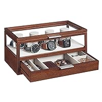 SONGMICS 2-Tier Wooden Watch Case, Christmas Gifts, Watch Display Box, Watch Holder with 7 Pillars, Drawer, Acrylic, Solid Wood Top and Veneer, Velvet Lining, Coffee Brown UJOW007K01