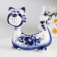AEVVV Hand-Painted Gzhel Porcelain Cat Figurine, Traditional Russian Craft, Blue and White